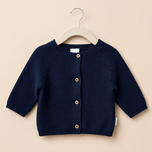 Lilliput 2 delig gebreid setje 62 68 marineblauw vestje houten knopen