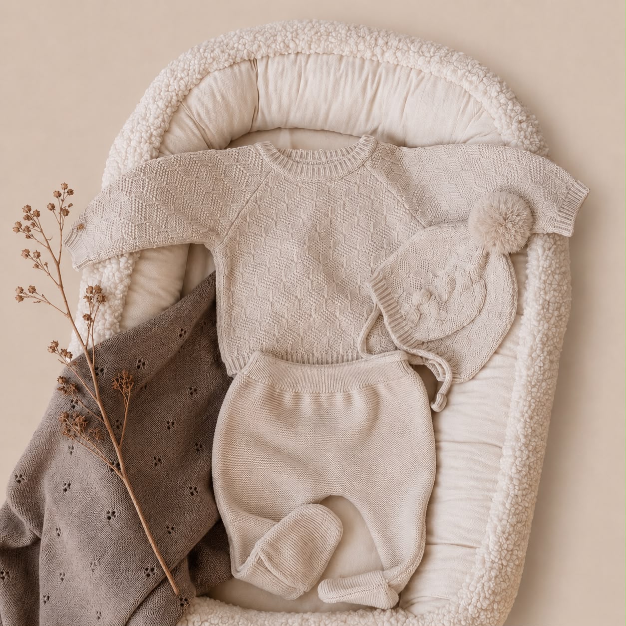 3 delige kleding babyset in kleur zandbeige maat 62/68