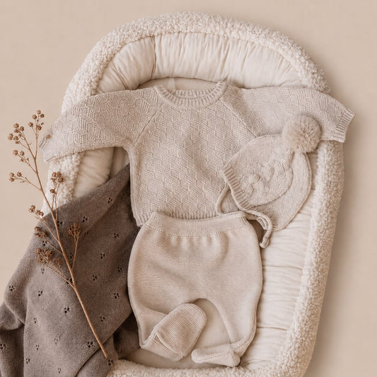 3 delige kleding babyset in kleur zandbeige maat 62/68