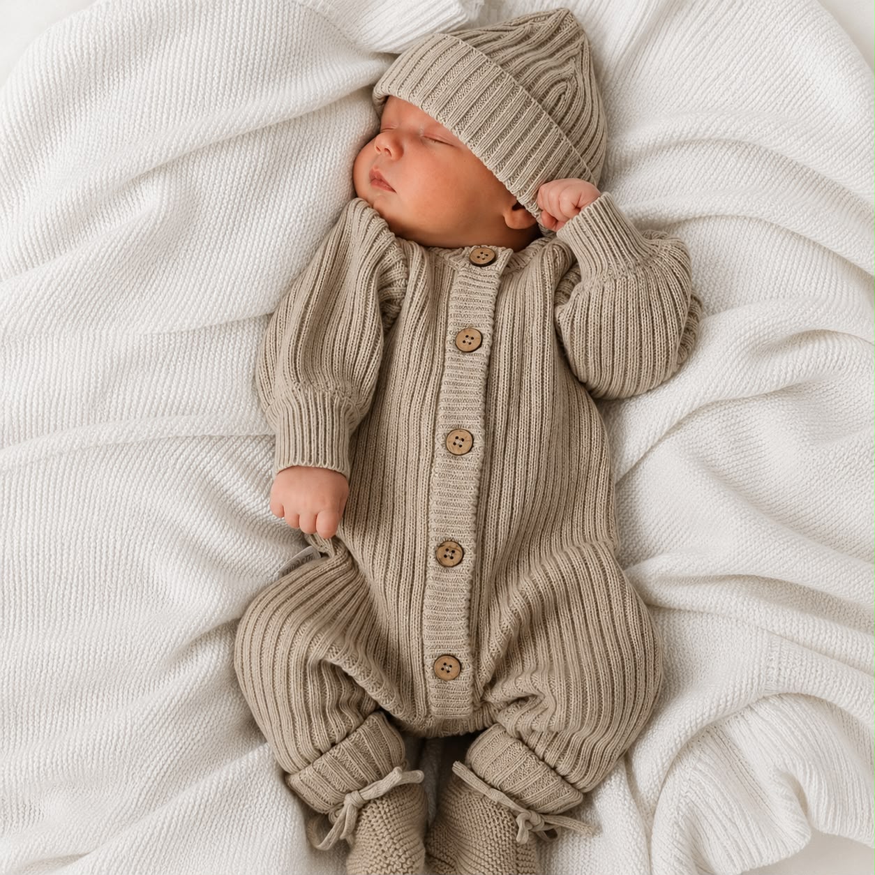 Baby met gebreid beige boxpakje van Lillemoon
