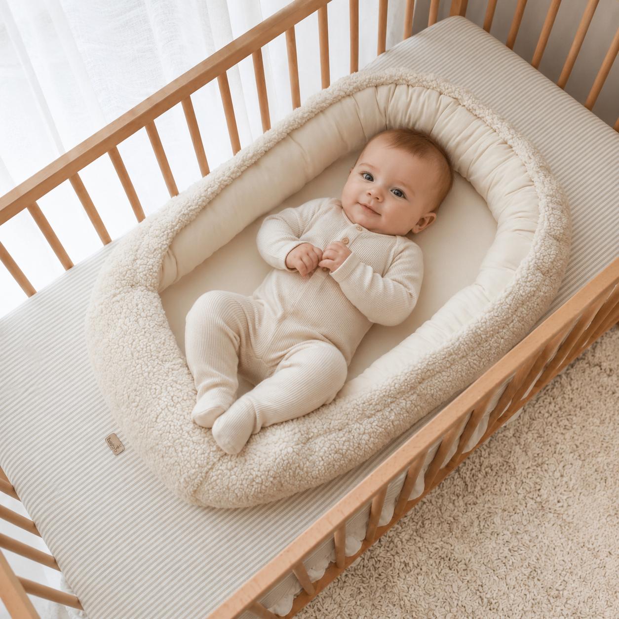 Creme babynest in een teddystof met baby 