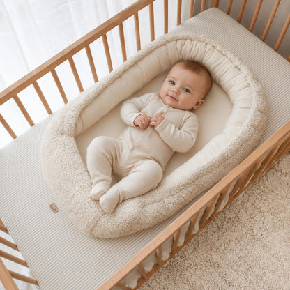 Creme babynest in een teddystof met baby 