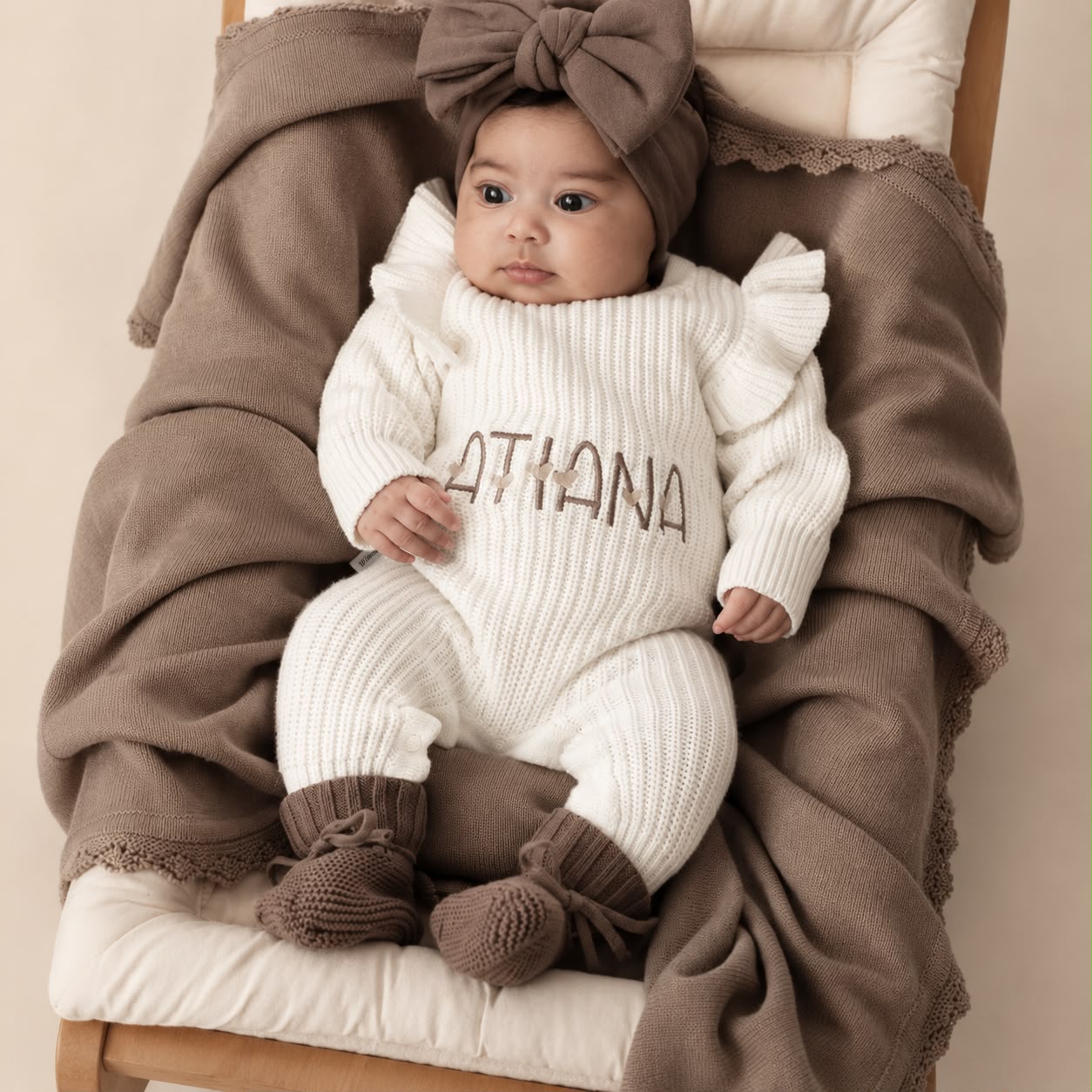 Baby in gebreid lillemoon boxpakje met ruffles in de kleur milky white