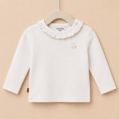 Frogs and dogs ruffle t shirt crème geborduurd kers op lange mouw 