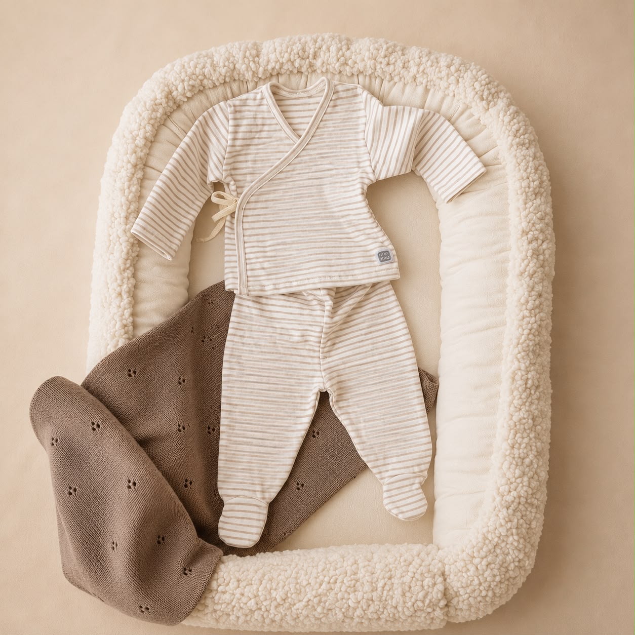 Gestreepte 2-delige babyset met overslagshirt en broekje met voetjes 