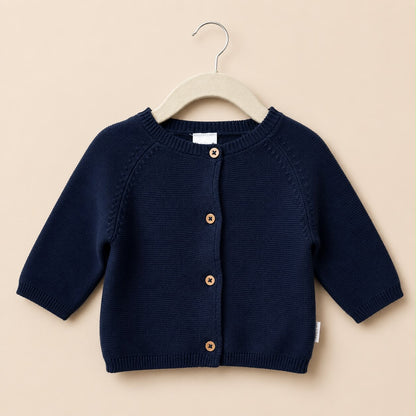Lilliput 2 delig gebreid setje 62 68 marineblauw vestje houten knopen