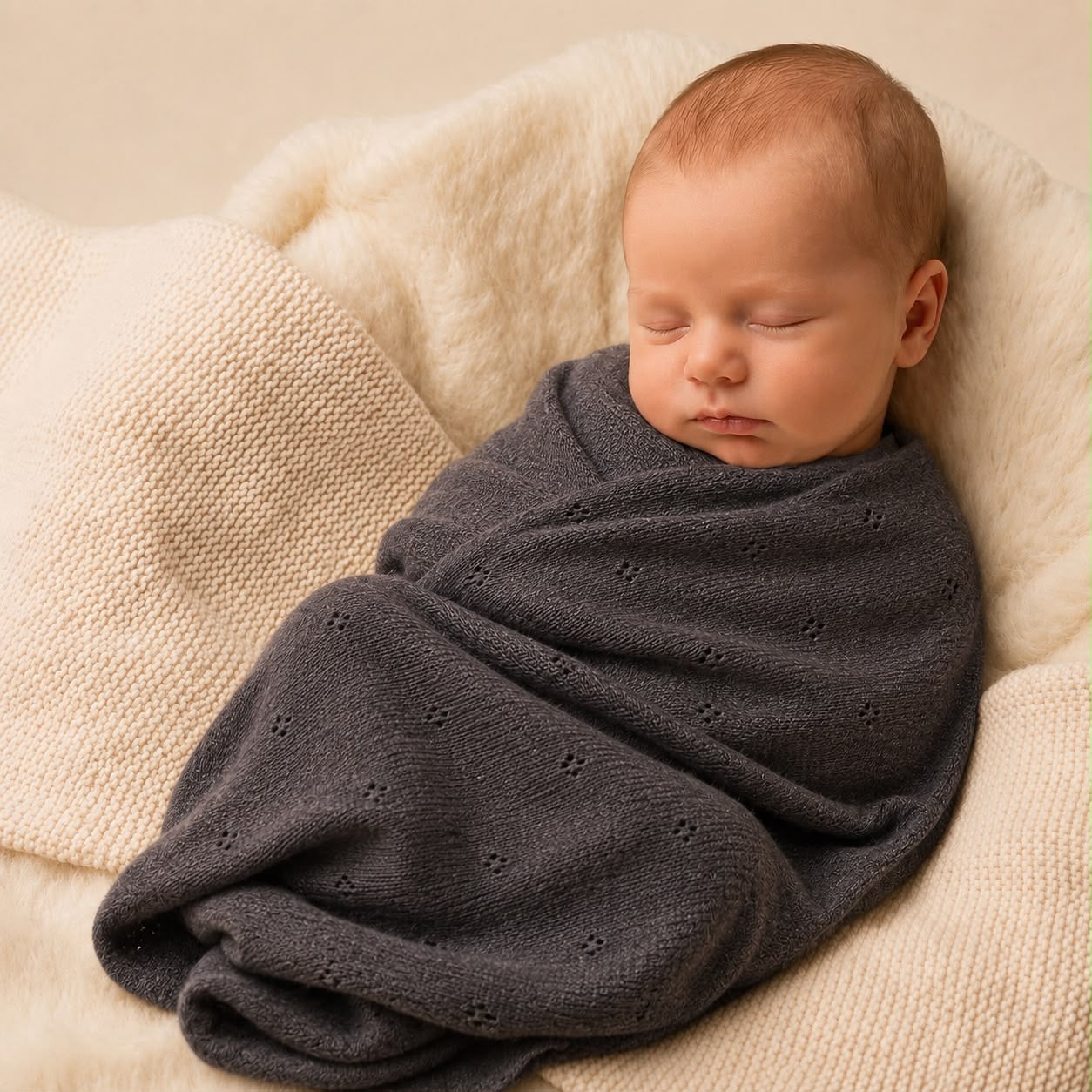 Het Merino wollen dekentje in de kleur bruin om een baby heen gewikkeld 