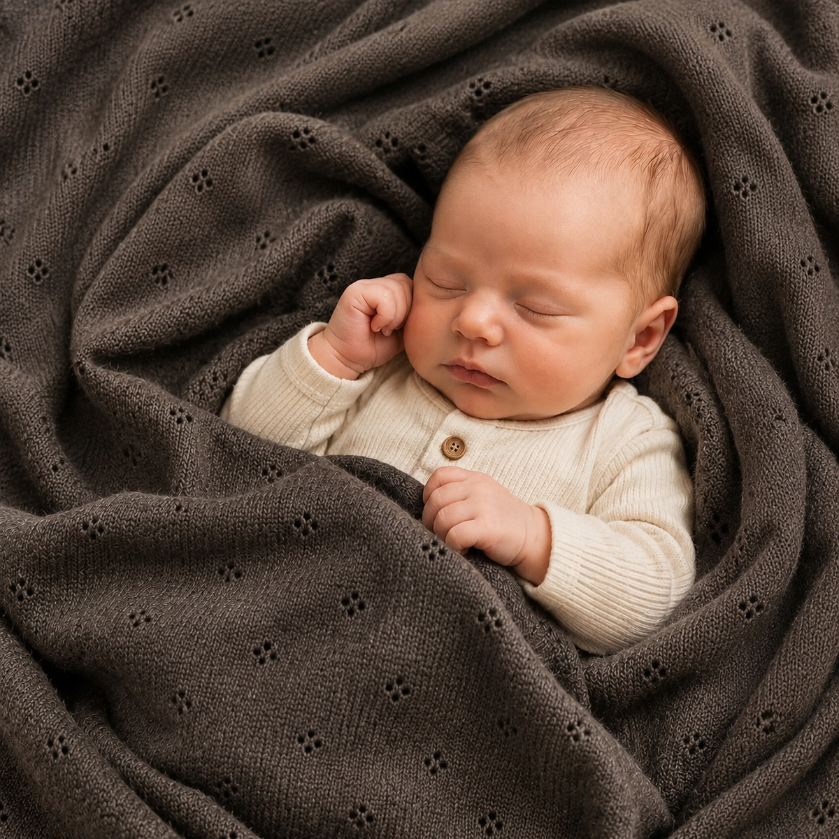 Het Merino wollen dekentje in de kleur bruin om een baby heen gewikkeld 