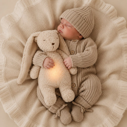 Mooie humming bunny slaaptrainer knuffel sand met baby